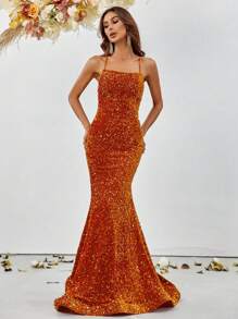Crisscross Backless Sequin Formal Dress - Orange - View 5