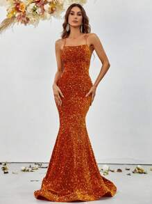 Crisscross Backless Sequin Formal Dress - Orange - View 6