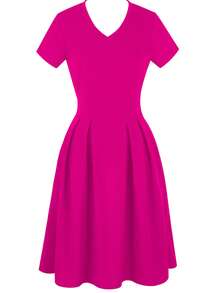 Solid Slant Pocket Fold Pleated Dress - Rose Red - View 3