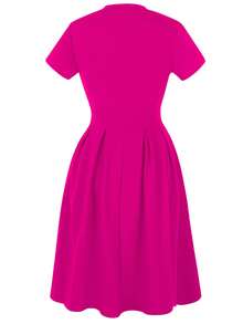 Solid Slant Pocket Fold Pleated Dress - Rose Red - View 4