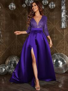 Faeriesty Contrast Sequin Split Thigh Satin Formal Dress