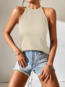 SHEIN Essnce Solid Cut Out Halter Top - Apricot - View 1