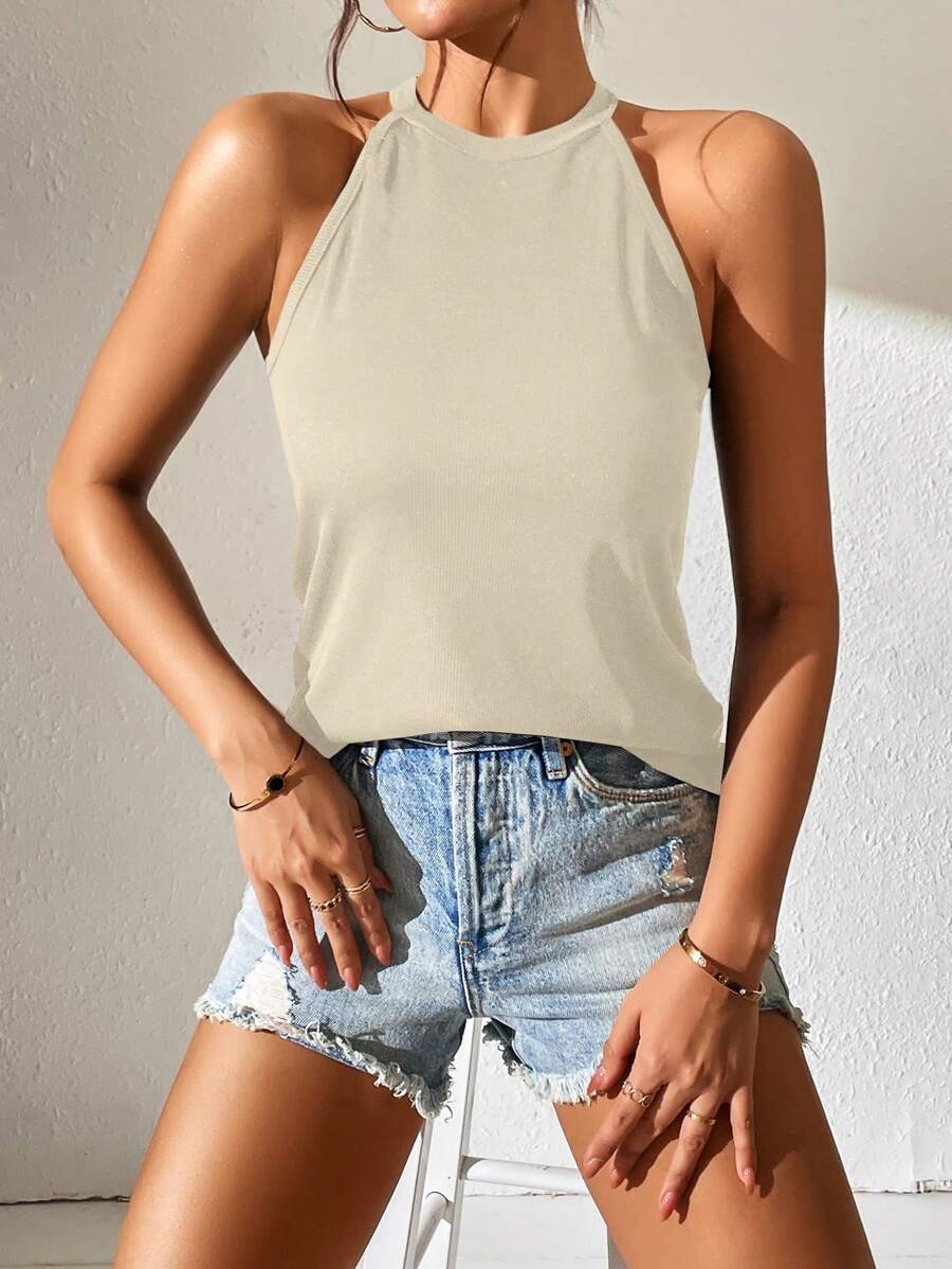 SHEIN Essnce Solid Cut Out Halter Top - Apricot - View 1