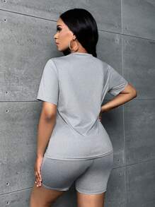 Slaydiva 字母圖案T恤和機車短褲 - 淺灰色 - 查看 2