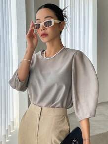 DAZY Massimo Dutti單色泡泡袖鑽石背後開口寬鬆襯衫 - 卡其色 - 查看 1