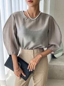 DAZY Massimo Dutti單色泡泡袖鑽石背後開口寬鬆襯衫 - 卡其色 - 查看 4