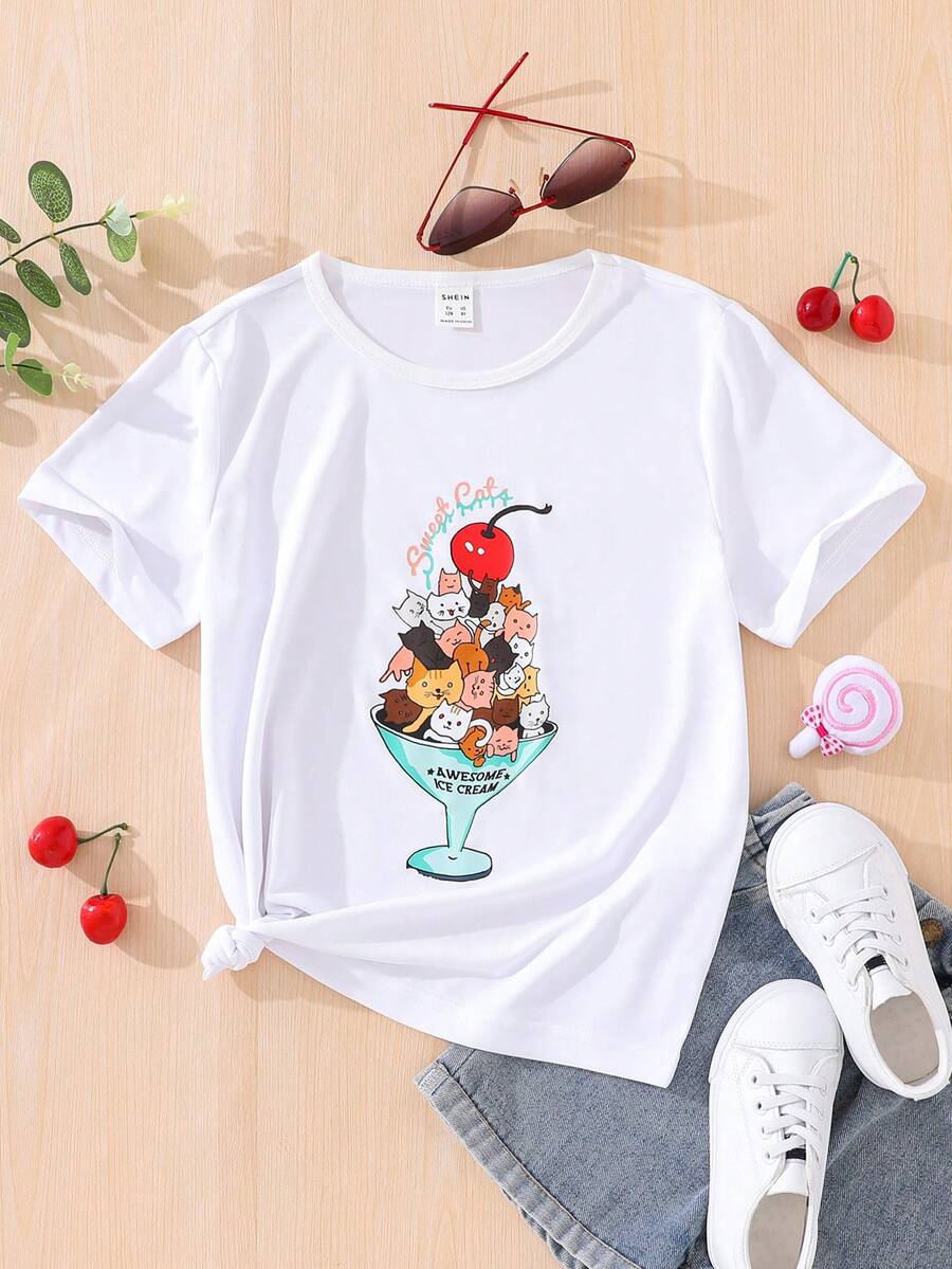 SHEIN Tops con gái Hoạt hình Lá thư Giải trí - trắng - Xem 1