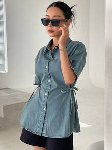 FRIFUL 女款落肩短袖牛仔上衣 - 中等水洗藍 - 查看 5