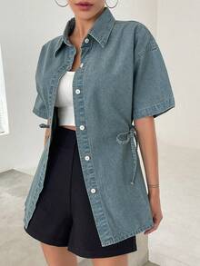 FRIFUL 女款落肩短袖牛仔上衣 - 中等水洗藍 - 查看 7