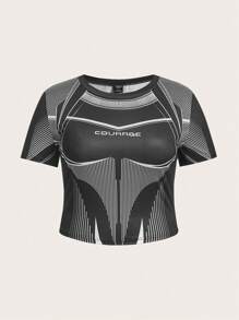 SHEIN ICON 大碼Bikercore條紋和字母圖案短款T恤 - 黑色 - 查看 1