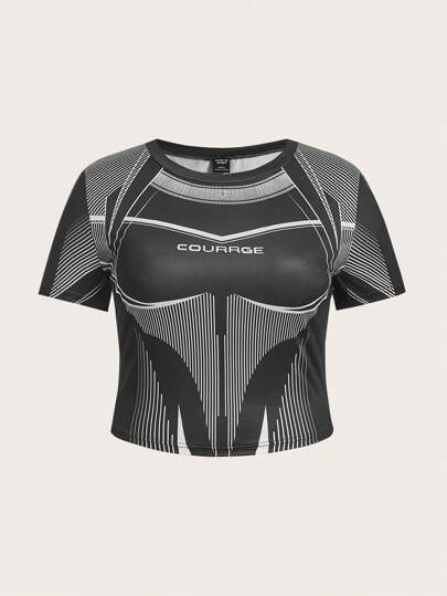 SHEIN ICON 大碼Bikercore條紋和字母圖案短款T恤