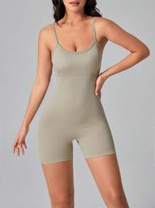 SHEIN Yoga Basic 高彈力吊帶運動連體短褲 - 杏色 - 查看 2