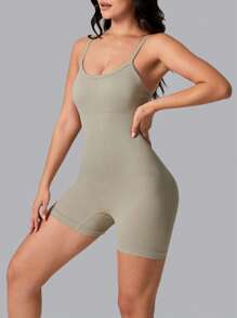 SHEIN Yoga Basic 高彈力吊帶運動連體短褲 - 杏色 - 查看 3