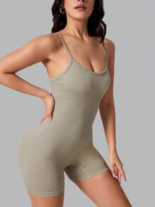 SHEIN Yoga Basic 高彈力吊帶運動連體短褲 - 杏色 - 查看 4