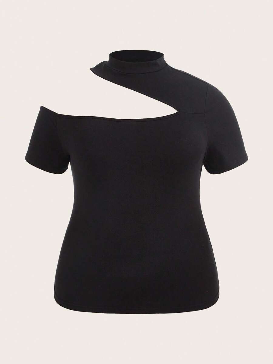 SHEIN ICON Áo thun Plus size Bất đối xứng Cắt ra màu trơn Giải trí - màu đen - Xem 1