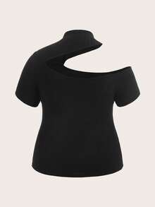 SHEIN ICON Áo thun Plus size Bất đối xứng Cắt ra màu trơn Giải trí - màu đen - Xem 2
