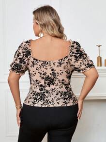 SHEIN Privé Plus Floral Print Sweetheart Neck Puff Sleeve Tee