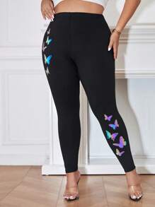SHEIN Unity 大碼蝴蝶圖案緊身打底褲 - 黑色 - 查看 1