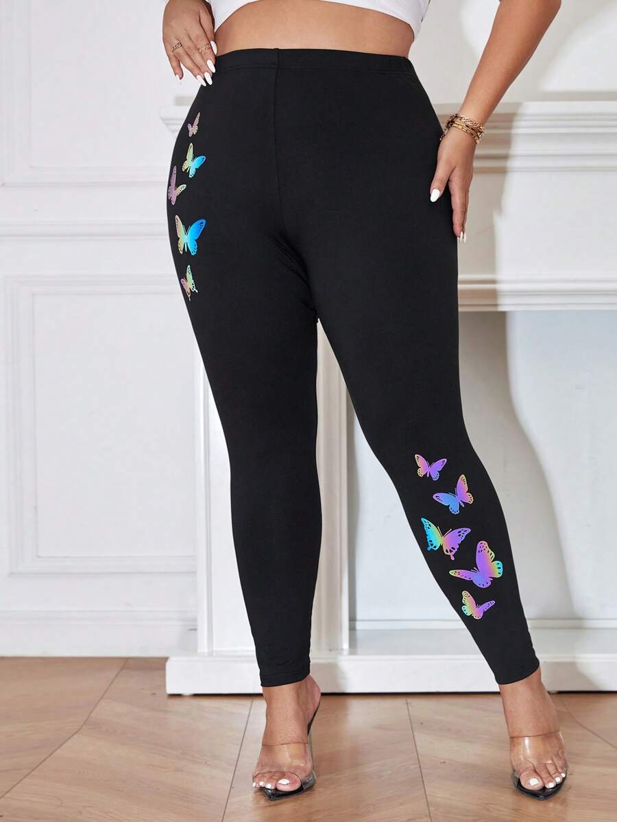 SHEIN Unity 大碼蝴蝶圖案緊身打底褲 - 黑色 - 查看 1