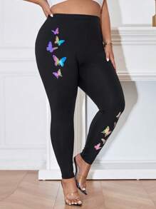 SHEIN Unity 大碼蝴蝶圖案緊身打底褲 - 黑色 - 查看 3