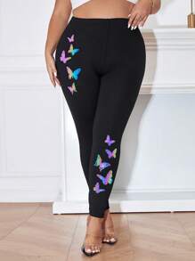 SHEIN Unity 大碼蝴蝶圖案緊身打底褲 - 黑色 - 查看 4