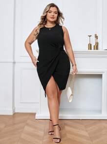 SHEIN Privé Plus Twist Side Wrap Hem Dress - Black - View 3