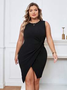 SHEIN Privé Plus Twist Side Wrap Hem Dress - Black - View 4