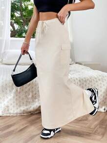 SHEIN EZwear 側翻蓋口袋腰部抽繩工裝裙