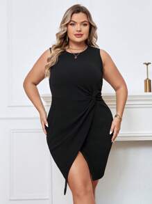 SHEIN Privé Plus Twist Side Wrap Hem Dress - Black - View 5