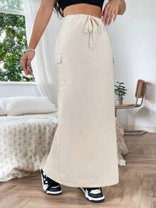 SHEIN EZwear 側翻蓋口袋腰部抽繩工裝裙