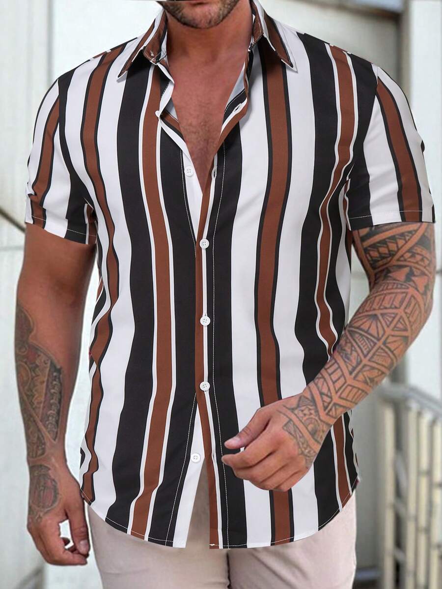 Manfinity Homme Áo sơ mi Nam Nút phía trước Sọc Giải trí - Nhiều màu - Xem 1