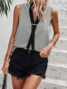 SHEIN Privé 條紋印花無袖襯衫 - 黑與白 - 查看 1