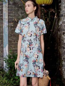 Floral Print Cheongsam Dress, Chinese New Year Celebration, Qipao Cheongsam Chinese Dress - Blue - View 5