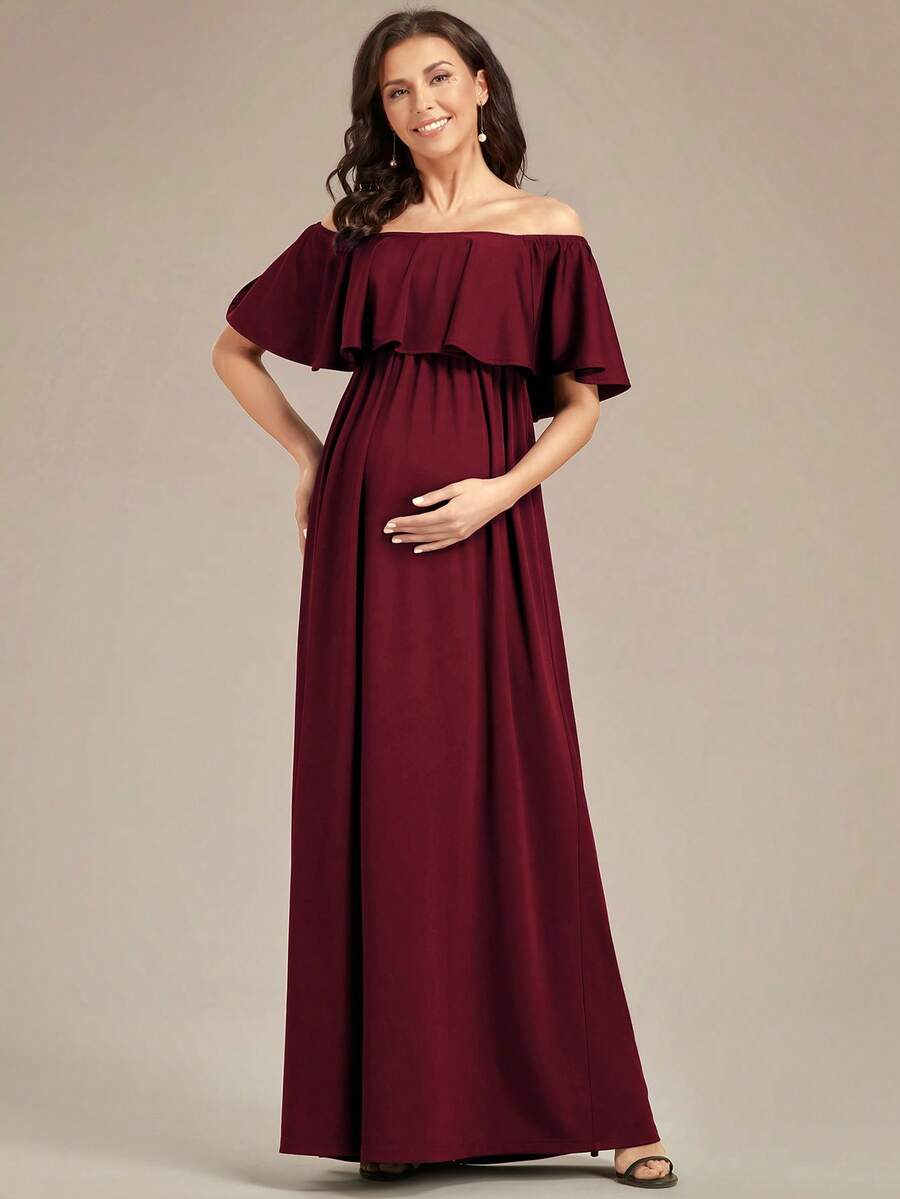 EVERPRETTY Maternity Off Shoulder Elegant Dress, For Party - Burgundy - View 1