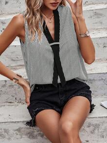 SHEIN Privé 條紋印花無袖襯衫 - 黑與白 - 查看 4