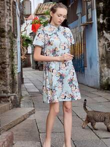 Floral Print Cheongsam Dress, Chinese New Year Celebration, Qipao Cheongsam Chinese Dress - Blue - View 6