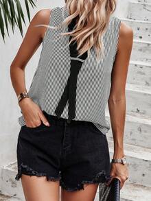 SHEIN Privé 條紋印花無袖襯衫 - 黑與白 - 查看 5