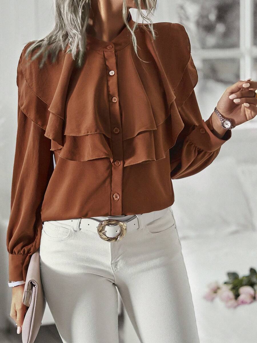 SHEIN Clasi Ruffle Trim Button Front Shirt - Brown - View 1