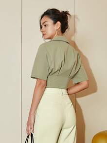 Women's Solid Color Short Sleeve Crop Top Casual Shirt Blouse, Spring Outfits For Women Business Casual, Vacation Outfits Summer - Army Green - View 3