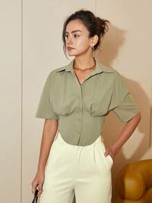 Women's Solid Color Short Sleeve Crop Top Casual Shirt Blouse, Spring Outfits For Women Business Casual, Vacation Outfits Summer - Army Green - View 4