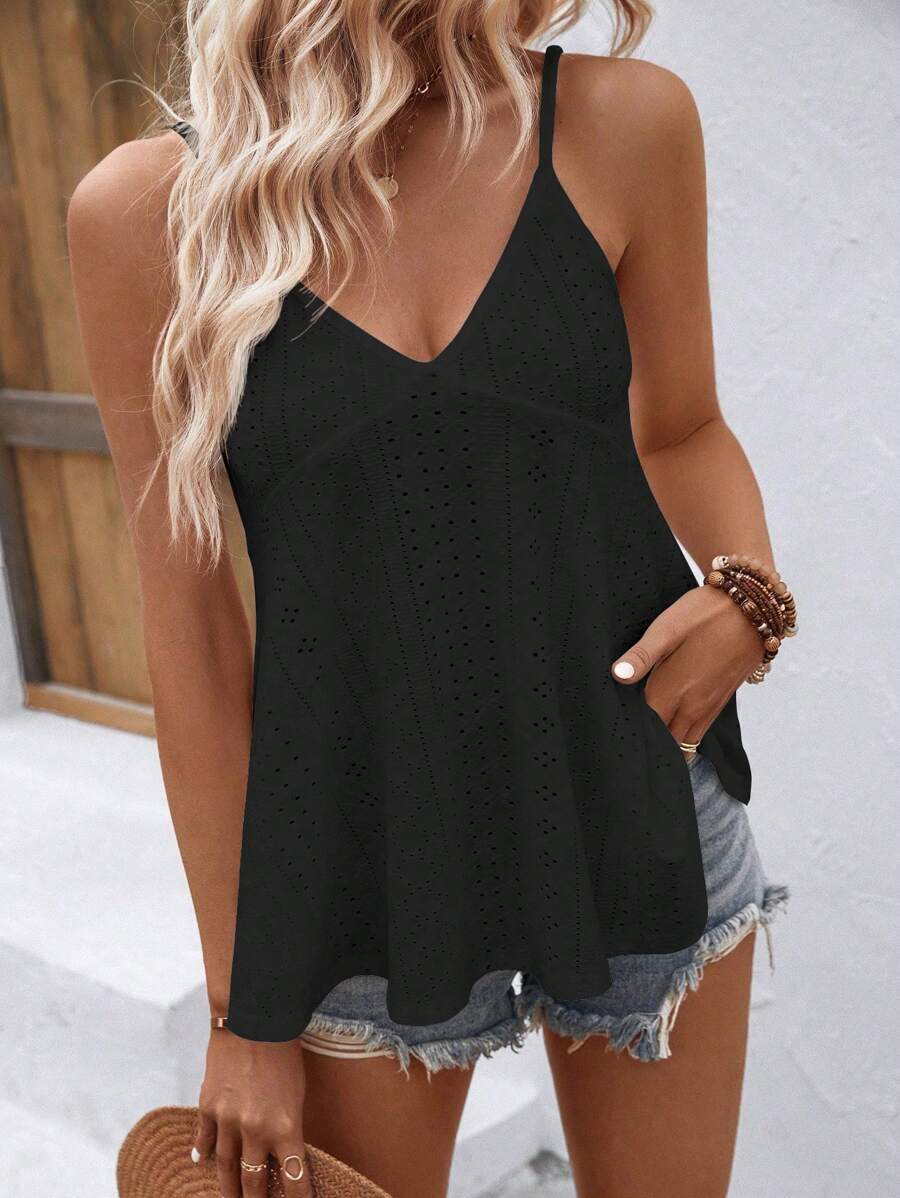 SHEIN LUNE 素色網眼刺繡吊帶上衣 - 黑色 - 查看 1