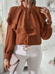 SHEIN Clasi Ruffle Trim Button Front Shirt - Brown - View 5