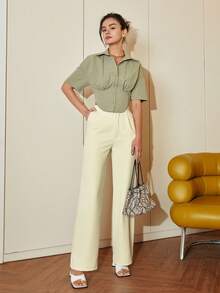 Women's Solid Color Short Sleeve Crop Top Casual Shirt Blouse, Spring Outfits For Women Business Casual, Vacation Outfits Summer - Army Green - View 6