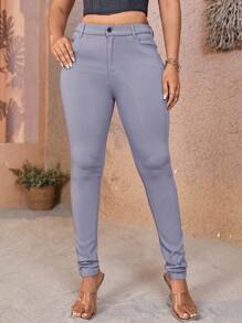 高腰彈力素色斜口袋緊身褲 - 灰色 - 查看 1