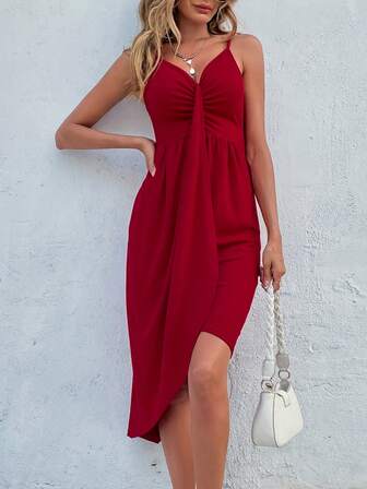 Ruched Front Asymmetrical Hem Cami Dress