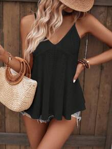 SHEIN LUNE 素色網眼刺繡吊帶上衣 - 黑色 - 查看 3