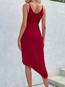 前收褶不對稱下擺吊帶連衣裙 - 酒紅色 - 查看 2