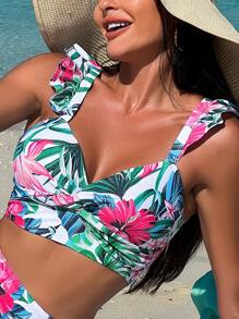Top bikini con estampado tropical ribete con fruncido - Multicolor - Ver 1