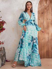 YISIKADO Allover Print Plunge Neck Lantern Sleeve Ruffle Hem Dress - Multicolor - View 2