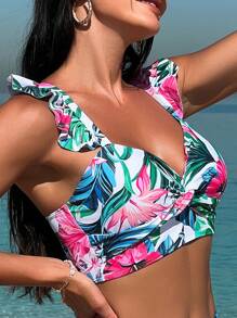 Top bikini con estampado tropical ribete con fruncido - Multicolor - Ver 6